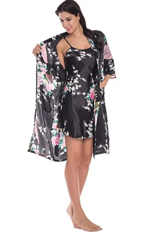 Summer Mini Kimono Robe Lady Rayon Bath Gown Yukata Nightgown Sleepwear